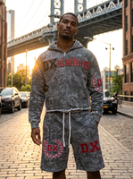 Ensemble sweat à capuche zippé et short en molleton bouclette AOP 450 g/m² personnalisé |   Doublure apparente à bords bruts, fabrication exclusive OEM ODM