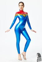 LatexCatfish Combinaison en latex rouge et bleu métallisé pour femme, épaisseur 0,4 mm, avec fermeture éclair frontale à 3 voies