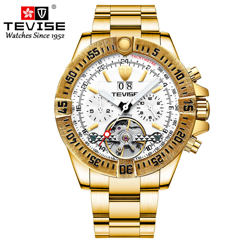TEVISE T839B-002 Automatic Clocks and Watches Golden Stainless Steel  Mechanical Luxury Tourbillon Watches Men Wrist Brand