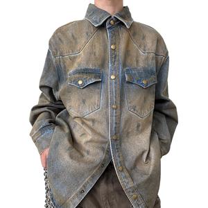 Wholesale Custom logo Wasteland Style Distressed Mud-dyed Washed Heavyweight Loose <b>Men's</b> <b>Denim</b> Jacket - Product Image 1