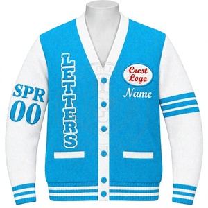 Cardigan universitaire en tricot brodé à col en V pour femme, style preppy, pull universitaire grec, contraste bleu et blanc - Product Image 1