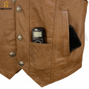 เสื้อกั๊กหนังผู้ชายทรงเวสเทิร์น คอวี สำหรับขี่มอเตอร์ไซค์ พร้อมกระดุมแบบคลาสสิก - Product Image 1