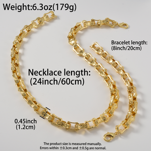 unisex bulk wholesale gold plated stainless steel hollow rectangular carved wide polished <b>matching</b> necklace set <b>bracelets</b> - Product Image 6