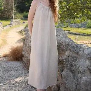 Vintage Casual Summer Spring Sleeveless Autumn Solid Loose Crew Neck Button Maxi Long Lyocell Linen Dress Wholesale With Pockets