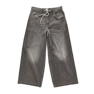 กางเกงยีนส์ทรงขาบานสีเทาเข้มสไตล์วินเทจ Y2K ลุคสตรีทแวร์ ดีไซน์ล่าสุด แต่งเชือกผูกเอว ทรงสเก็ตบอร์ด  แบบสั่งทำพิเศษสำหรับผู้ชาย - Product Image 2