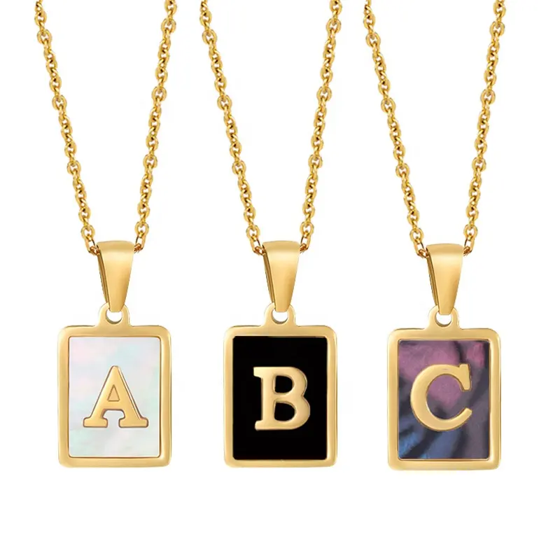 INS Trendy 18K Gold Stainless Steel Black Painted White Shell 26 Letters A-Z Initial Square Pendant Necklace for Women Gifts