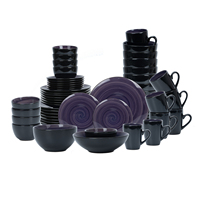 Service de table en grès brossé à la main Sonoma Purple 56 pièces, motif tourbillon peint à la main, vaisselle de luxe pour cuisine, compatible lave-vaisselle, résistant à la chaleur