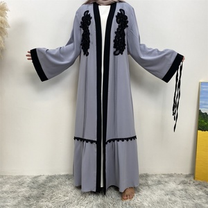 1584# Grey Elegant Open <b>Abaya</b> With Black Floral Applique Long Sleeve Muslim Women Dubai Abayas Long Robe With Lace Patchwork - Product Image 5