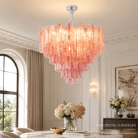 Lustre suspendu de luxe en verre de Murano rose craquelé, à tubes ronds superposés, 50 cm, avec chaîne réglable, ampoules E14, pour entrée