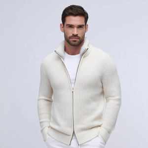 <span class=keywords><strong>Chaqueta</strong></span> Cárdigan Vintage para Hombre, de Cachemira y <span class=keywords><strong>Lana</strong></span> con Piel Sintética, Doble Cierre YKK, Transpirable, en Color Crema, Tejido de <span class=keywords><strong>Punto</strong></span> Acanalado, Prenda de Invierno de Lujo - Product Image 1