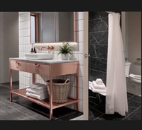 Meuble de salle de bain en métal satiné bronze et or rose avec pieds en acier, structure de lavabo double, SUITE