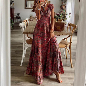 Women's <b>Boho</b> Paisley Maxi <b>Dress</b> Smocked Waist Ruffled Hem Casual <b>Summer</b> Long <b>Dresses</b> Fashion - Product Image 2