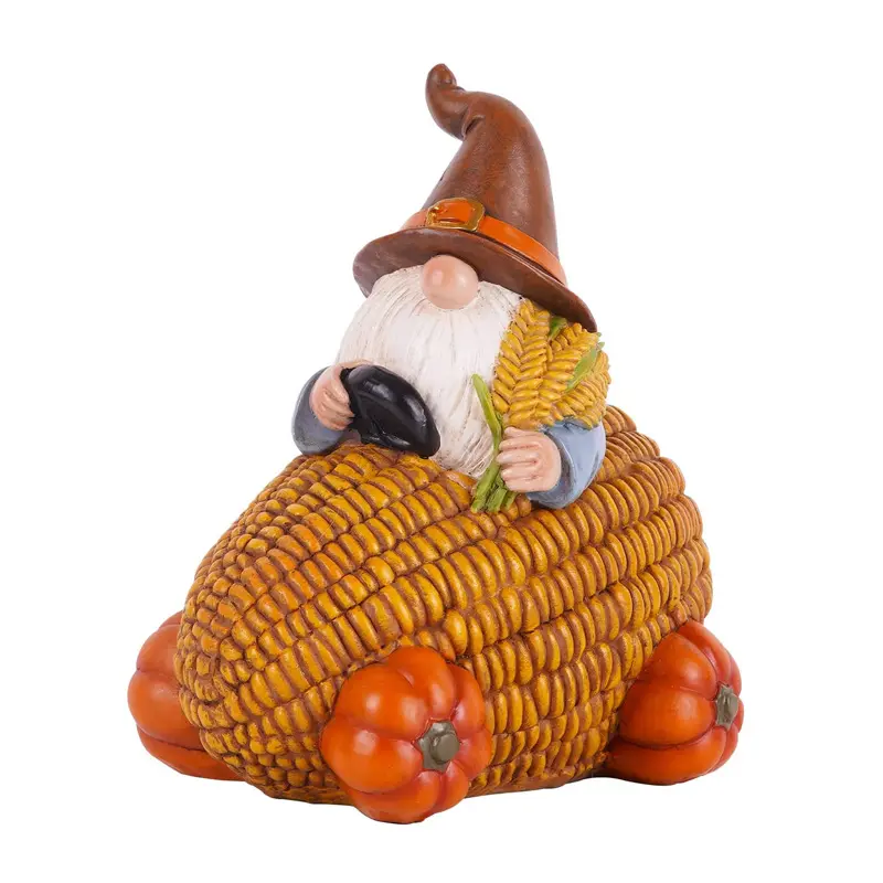 Garden Fall Gnome Statue Corn Car with Pumpkin Wheel, Autumn Harvest Garden Gnome Statue Figurine