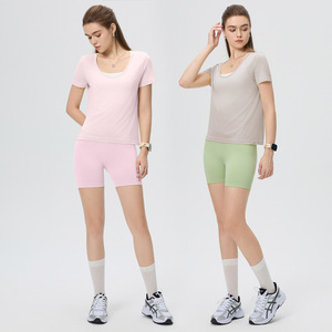 Merino <b>Wool</b> Tencel Women's Short Sleeve Yoga Top Casual Fitness Sport Shirt Solid Color T3040 - Product Image 2