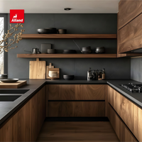 Meuble de cuisine Alland de qualité supérieure, moderne, en bois naturel, avec étagères ouvertes et pierre frittée noire, pour maison neuve sur mesure
