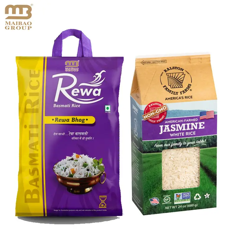 Sacs de conditionnement en plastique de riz thaïlandais de qualité alimentaire de taille personnalisée 2.5kg 5kg 10kg Sacs d'emballage de riz Basmati avec poignée
