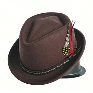 Chapeau Pork Pie Rétro pour Homme Britannique Automne-Hiver, Style Fedora Jazz avec Plume, Idéal pour Tenue Décontractée - Product Image 5