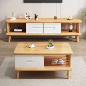Juego de Muebles de Salón de Madera Maciza Estilo Escandinavo a Precio de Mayoreo: Mueble para TV y Mesa de Centro Color Blanco Nogal con Cajones de Almacenamiento - Product Image 4