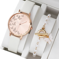 Ensemble de bijoux montre à quartz pour femme Source Factory, cadran papillon en cristal or rose, bracelet en cuir blanc, bracelet papillon en perles