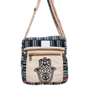 Bohemian Canvas <b>Crossbody</b> <b>Bag</b> With Hamsa Embroidery Striped Pattern Zipper Closure Women's Daily Use - Product Image 1
