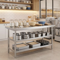 Table de travail professionnelle à 3 niveaux en acier inoxydable avec pieds réglables, capacité robuste, design moderne pour cuisine commerciale