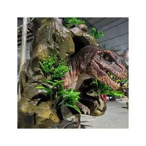 Animatronic 동물 현실적인 Animatronic Lifesize T-rex 공룡 머리 스프레이 식물로 덮인 동굴에서 연기