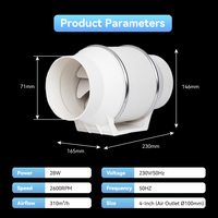 Ventilateur de gaine en ligne à flux mixte en plastique blanc, léger, silencieux, haute efficacité, ignifuge, ABS, 4, 6, 8 pouces, 45W, 2600 tr/min