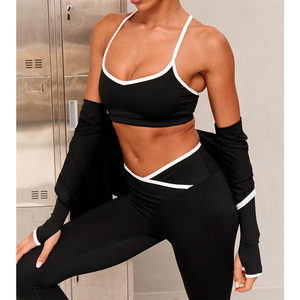 Ensemble de yoga <span class=keywords><strong>noir</strong></span> pour <span class=keywords><strong>femme</strong></span> : Leggings taille haute croisés, soutien-gorge de sport, boléro à manches longues, vêtements de sport et d'entraînement - Product Image 1