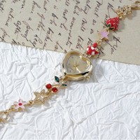 Montre en quartz dorée avec cadran en forme de cœur, aiguille de 30 mm, style vintage, décor floral de forêt, cerise, fruit, bracelet décoratif, montre mignonne pour femmes