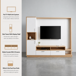 Mueble de <span class=keywords><strong>TV</strong></span> de Pared <span class=keywords><strong>en</strong></span> Roble Blanco, Centro de Entretenimiento con Gabinete Lateral, 2 Cajones, Estante Abierto, Estilo Escandinavo Moderno para Sala de Estar - Product Image 1