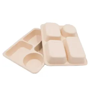 Custom Eco Friendly Bagasse Food Tray 4 compartment disposable biodegradable food tray sugarcane bagasse square plate