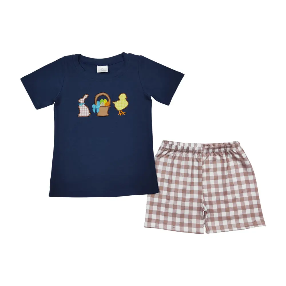 Bsso0364 Borduurwerk Kinderkleding Donkerblauw Meisjes Bruin Geruit Shorts Kleine Meisjes Kleding Konijn Eend Fruit Mand