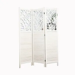 woven foldable carved flower design white color wooden wall desk clear hanging curtain room divider