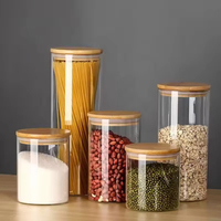 Bocal de rangement élégant en verre avec couvercle en bois massif, conteneur anti-humidité pour céréales, flocons d'avoine, pâtes, épices, organisateur de placard