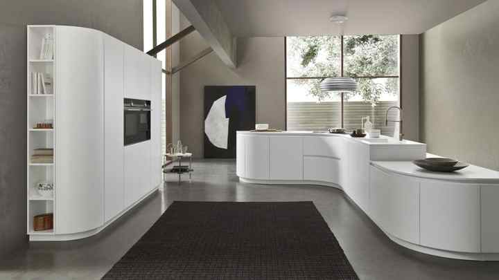 2019 Hangzhou Vermont Villa House White L Shape Island Modern MDF Wood Flat Curved Kitchen Cabinet