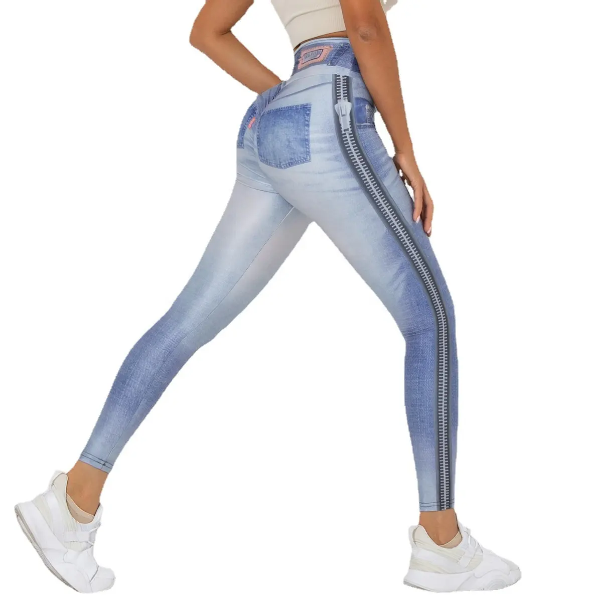 الرقمية الطباعة الدنيم الأزرق سراويل رياضية عالية مرونة اليوغا طماق النساء ملابس رياضية
