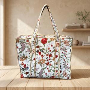 Bolso de mano de algodón hecho a mano con estampado floral, bordado, acolchado, cierre de cremallera y diseño espacioso para llevar al hombro. - Product Image 1