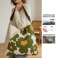 Tas Belanja Sehari-hari Motif Bunga Logo Kustom Kapasitas Besar Bahan Kanvas Katun Tahan Lama Tas Tote Wanita Praktis Tas Jinjing Reusable