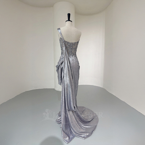 Nt132 Custom Couture <b>Silver</b> Mermaid Evening <b>Dress</b> With Metallic Fabric Beaded Lace And Draped Shoulder Scarf Jancember - Product Image 4