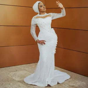 Vestidos de Novia Sirena Talla Grande Aso Ebi, Vestidos de Novia con Cuello Alto, <span class=keywords><strong>Lentejuelas</strong></span>, Encaje y Perlas Decorativas para Bodas Africanas - Product Image 2