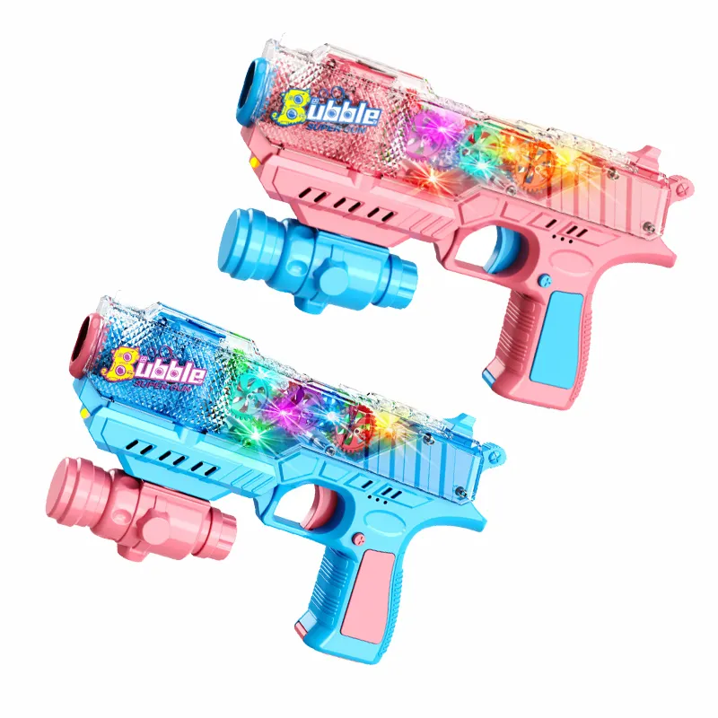 Renkli otomatik kabarcık oyuncak silah şeffaf dişli elektrikli üfleme makinesi kabarcık tabanca tabanca yanıp sönen ışıklar kabarcık silah sesi ile
