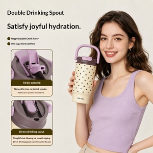 Women Stylish <b>Large</b> Handheld Insulated Coffee <b>Mug</b> Ceramic Liner Dual Drink Straw Water Bottle - Product Image 4