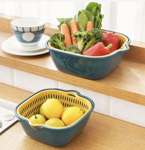 6-piece Set Double-layer Plastic Vegetable Fruit Kitchen Drain <b>Basket</b> Multi-functional Square Wash Drain for Food Use Camping - Product Image 3
