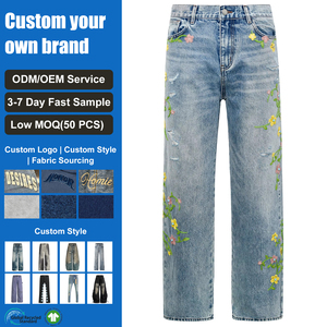 Jeans de Hombre con Bordado Floral, Estilo Urbano Vintage, Holgados, Desgastados, Rotos, Corte Recto, Pantalones de Mezclilla - Product Image 1