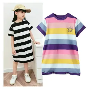트렌디 한 저렴한 의류 5 6 8 10 12 세 줄무늬 드레스 십대 소녀를위한 면 옷 최신 어린이 드레스 디자인