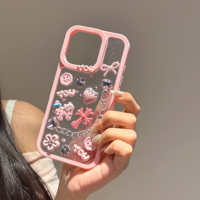 Coque de téléphone DIY en résine 3D pour iPhone 15 16 13 17 Pro Max, motif chat rose mignon, croix, fraise, nœud, chaîne argentée, antichoc