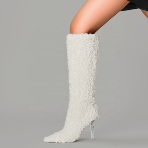 Crystal Heels Women Fur Knee High Boots Pointy Toe Side Zipper Long Booties Wide Feet Size 46 Winter <b>Shoes</b> - Product Image 3