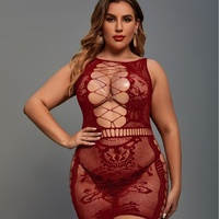 Combinaison en résille grande taille avec broderie décorative, rouge, transparente, body en résille, lingerie sexy pour femmes