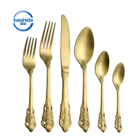 Ensemble de couverts rétro en acier inoxydable 410 avec poignée gaufrée, finition miroir or et argent, pour hôtels et restaurants