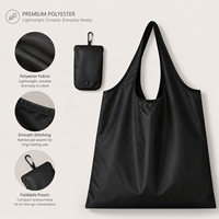 Sac de courses pliable en polyester avec logo personnalisé, fermeture à cordon, pochette à mousqueton, sac de marché réutilisable noir avec poche